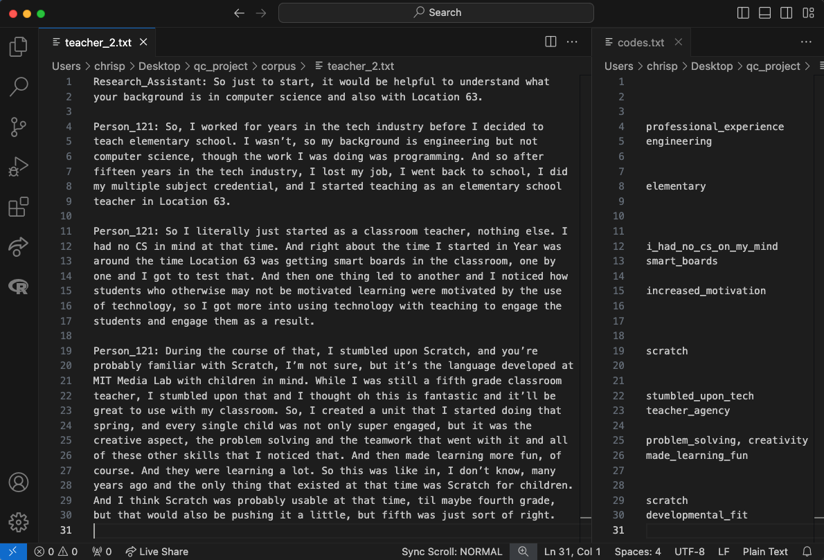 Figure 1. Screen shot of the coding interface using Visual Studio Code.